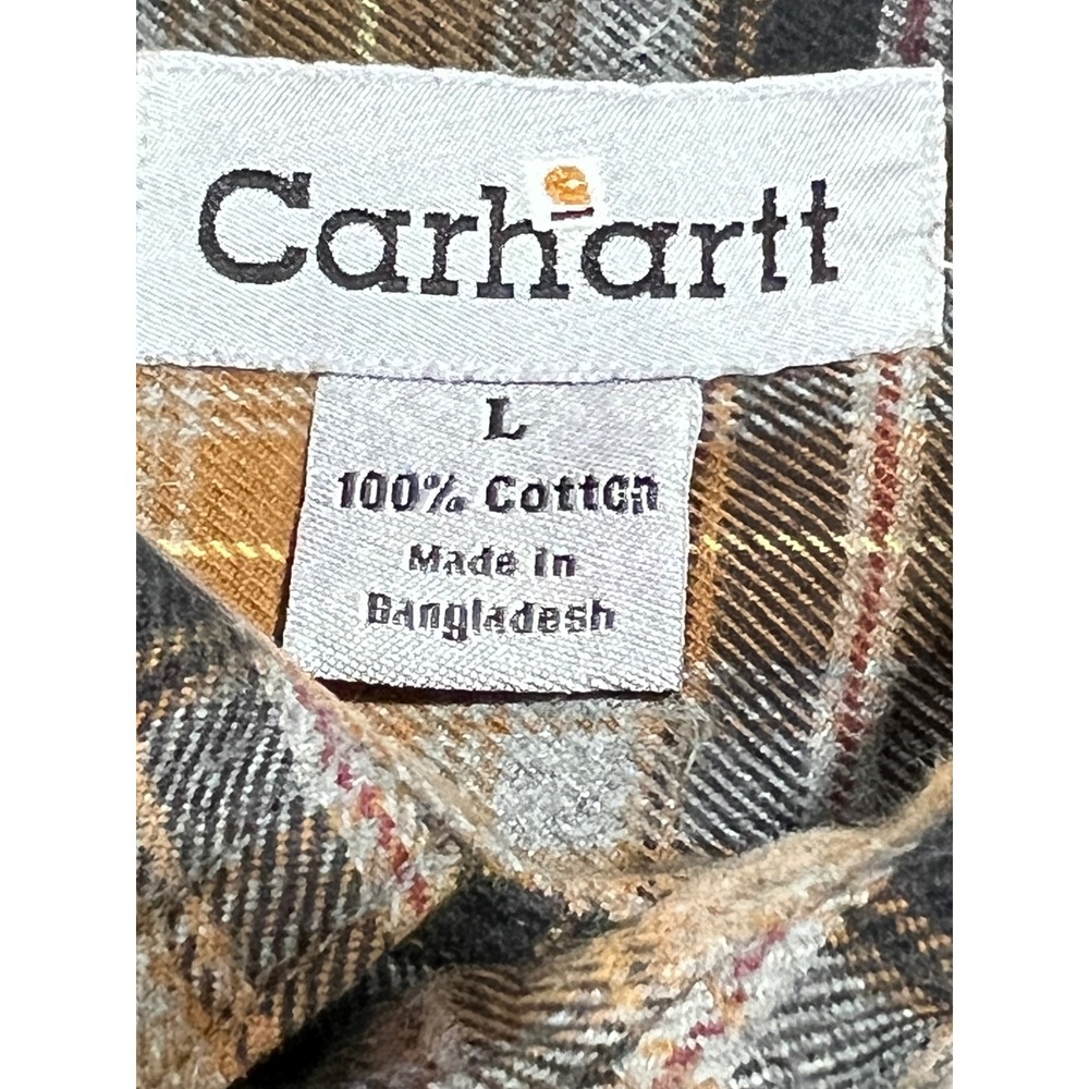 Carhartt Plaid Flannel Button Down Mens Large Brown Long Sleeve Work Shirt F06 - Picture 4 of 12
